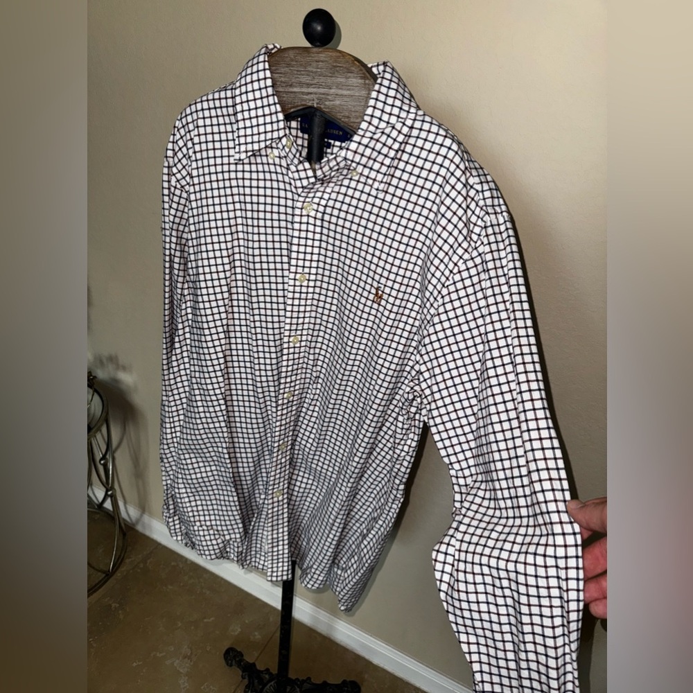 Maroon and dark blue plaid polo button down